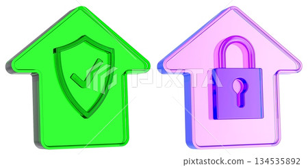 House security icons with shield checkmark and padlock. 3D rendering 134535892