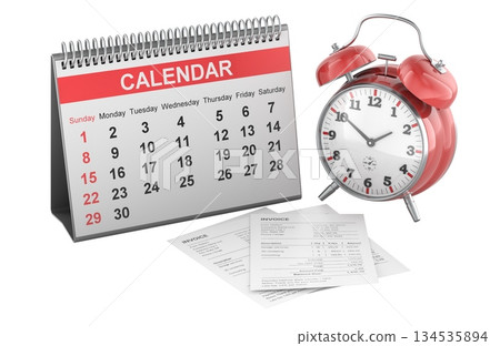 Desk calendar with alarm clock and invoice papers. Payment deadline concept. 3D rendering 134535894