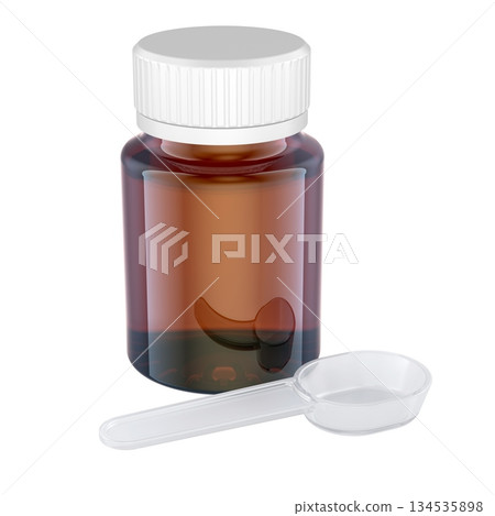 Medicine syrup bottle with measuring spoon. 3D rendering Medicine syrup bottle with measuring spoon. 3D rendering 134535898