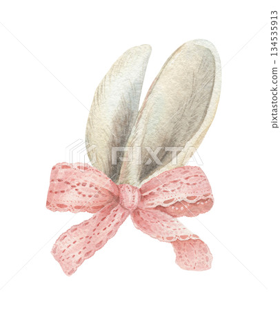 Easter bunny ears illustration with vintage pink bow in hand painted watercolor. Soft pink and white colors feels cute and festive. Ideal for spring poster template. Perfect for greeting card design. 134535913