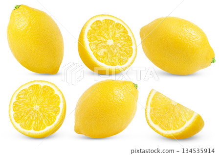 Whole lemon, slice of lemon and half of lemon with clipping path. Collection of lemons isolated. Whole lemon, slice of lemon and half of lemon with clipping path. Collection of lemons isolated. 134535914