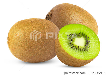 Whole ripe green kiwi fruit and half isolated. Two kiwis fruit and cut in half with clipping path. Whole ripe green kiwi fruit and half isolated. Two kiwis fruit and cut in half with clipping path. 134535915