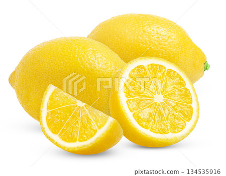 Whole lemon fruit and a half with slice isolated on white background. Lemons isolated. With clipping path. Full depth of field Whole lemon fruit and a half with slice isolated on white background. Lemons isolated. With clipping path. Full depth of field 134535916