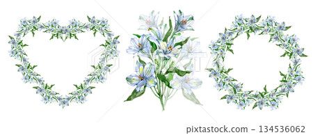 Watercolor collection of botanical wedding elements. Featuring a romantic heart-shaped floral wreath, a circular flower frame, and a lush bouquet of white lilies with green leaves in a soft, elegant 134536062
