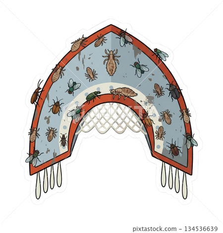 kokoshnik displays visible dirt and pests such as lice and flies. It shows signs of wear and neglect. This highlights the need for better care of cultural garments. 134536639