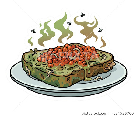 Food sits on a plate covered in mold and decay. Flies gather around the food and small worms crawl on the surface. The kitchen appears messy and unclean. 134536709