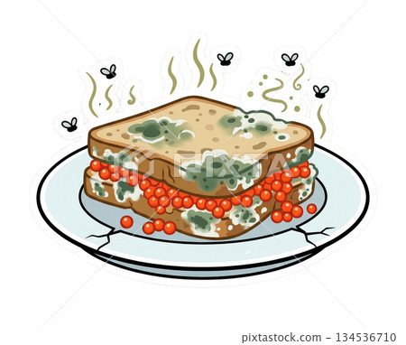 sandwich sits on a cracked plate in a kitchen. It is covered in green mold and has red bits underneath. Small flies are buzzing around the food indicating decay. sandwich sits on a cracked plate in a kitchen. It is covered in green mold and has red bits underneath. Small flies are buzzing around the food indicating decay. 134536710