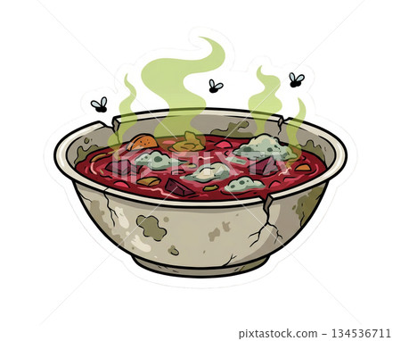 bowl holds food that has gone bad with visible mold and an unpleasant smell. Flies gather around the surface indicating decay. The bowl shows signs of age and damage. 134536711