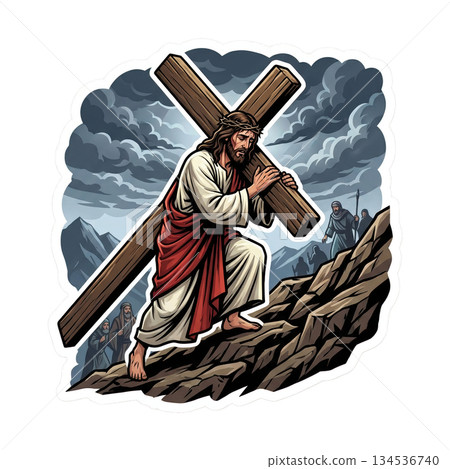 Jesus walks up a steep rocky path while carrying a large wooden cross. Dark clouds fill the sky and distant figures watch his difficult journey. The setting conveys a sense of struggle. 134536740