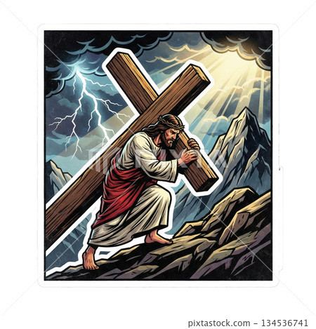 Jesus walks up a rocky mountain holding a large wooden cross. Dark clouds gather above with flashes of lightning. The scene shows struggle and determination in harsh weather. Jesus walks up a rocky mountain holding a large wooden cross. Dark clouds gather above with flashes of lightning. The scene shows struggle and determination in harsh weather. 134536741