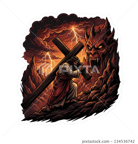 Jesus is shown struggling up a rocky path while carrying a heavy cross. A dark menacing figure looms in the background as lightning strikes in a stormy sky. Jesus is shown struggling up a rocky path while carrying a heavy cross. A dark menacing figure looms in the background as lightning strikes in a stormy sky. 134536742