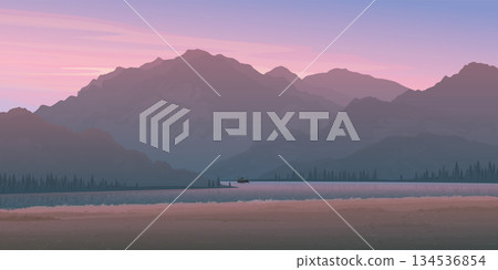 The lakeside landscape with mountain ranges have twilight sky background graphic illustration. The lakeside landscape with mountain ranges have twilight sky background graphic illustration. 134536854