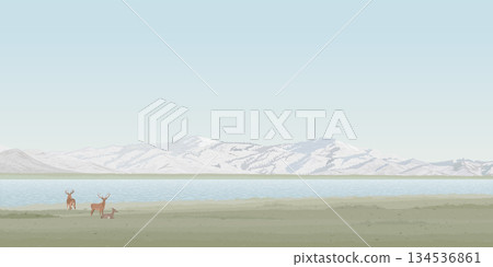 Minimalism countryside landscape spring season with deer pack, field, lake and mountain ranges graphic illustration have blank space at blue sky. Minimalism countryside landscape spring season with deer pack, field, lake and mountain ranges graphic illustration have blank space at blue sky. 134536861