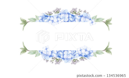 Template with purple hydrangea flowers, leaves and buds. Watercolor hand drawn illustration isolated on white background 134536965