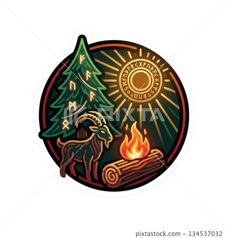 Gathering takes place outdoors during a seasonal festival. People enjoy a fire with a tree and a goat nearby. Sun shines brightly adding to the festive atmosphere. Gathering takes place outdoors during a seasonal festival. People enjoy a fire with a tree and a goat nearby. Sun shines brightly adding to the festive atmosphere. 134537032
