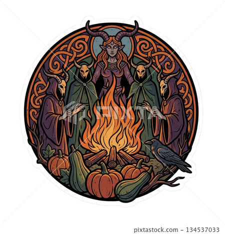 People gather around a large fire during a seasonal festival. Various vegetables are present and figures in costumes celebrate the autumn harvest together. People gather around a large fire during a seasonal festival. Various vegetables are present and figures in costumes celebrate the autumn harvest together. 134537033