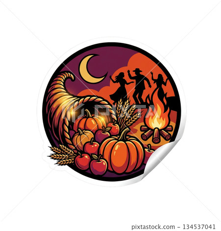 People dance joyfully around a campfire in the evening. A cornucopia filled with pumpkins and apples rests nearby. The scene reflects the spirit of harvest festivals in autumn. People dance joyfully around a campfire in the evening. A cornucopia filled with pumpkins and apples rests nearby. The scene reflects the spirit of harvest festivals in autumn. 134537041