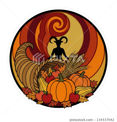 celebration shows a cornucopia filled with pumpkins apples and wheat. Swirling autumn leaves add color to the scene. This event takes place during fall harvest time. celebration shows a cornucopia filled with pumpkins apples and wheat. Swirling autumn leaves add color to the scene. This event takes place during fall harvest time. 134537042