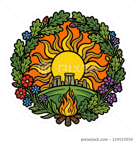 vibrant garden hosts a seasonal festival featuring a bright sun colorful flowers and a stone structure on a green hill. A campfire adds warmth to the scene celebrating nature. vibrant garden hosts a seasonal festival featuring a bright sun colorful flowers and a stone structure on a green hill. A campfire adds warmth to the scene celebrating nature. 134537050