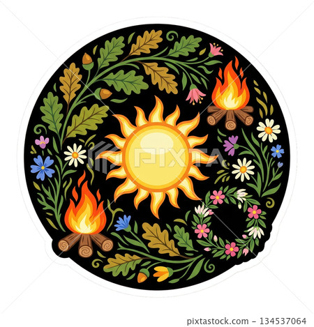 People gather at seasonal festivals to celebrate nature. They enjoy flowers sun symbols and bonfires that light up warm summer nights in joyful gatherings. People gather at seasonal festivals to celebrate nature. They enjoy flowers sun symbols and bonfires that light up warm summer nights in joyful gatherings. 134537064
