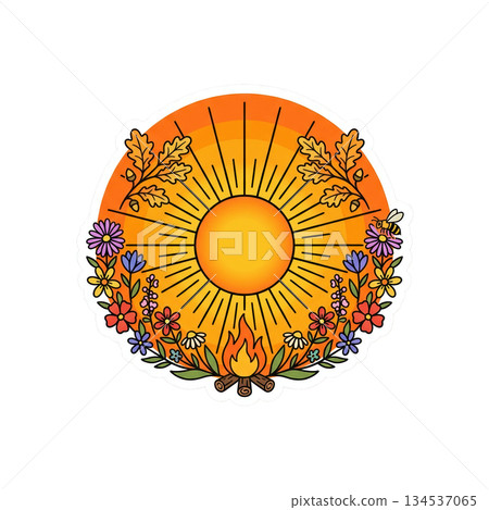 gathering occurs during seasonal festivals with a large sun design surrounded by flowers. People enjoy the festivities near a fire and appreciate nature's beauty. gathering occurs during seasonal festivals with a large sun design surrounded by flowers. People enjoy the festivities near a fire and appreciate nature's beauty. 134537065