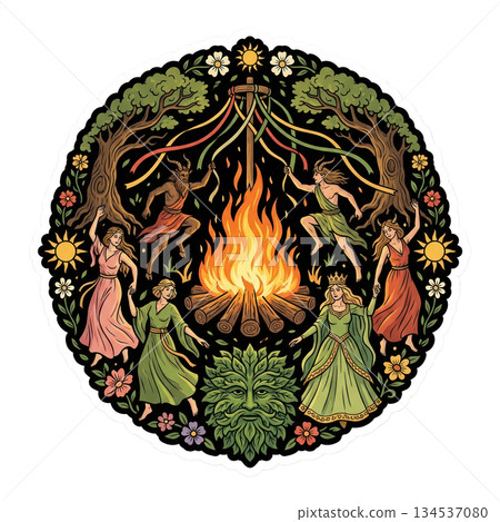 People gather to celebrate a seasonal festival with dancing around a fire. Colorful ribbons hang from trees as figures in costumes enjoy the festive atmosphere. People gather to celebrate a seasonal festival with dancing around a fire. Colorful ribbons hang from trees as figures in costumes enjoy the festive atmosphere. 134537080