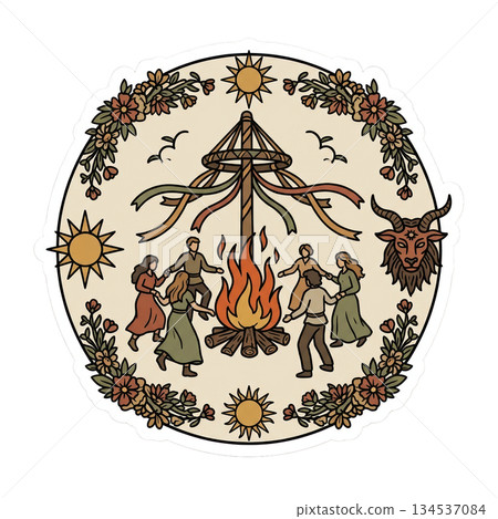 group of people dance in a circle around a large fire during a seasonal festival. Colorful decorations and a festive atmosphere surround the joyful event. group of people dance in a circle around a large fire during a seasonal festival. Colorful decorations and a festive atmosphere surround the joyful event. 134537084