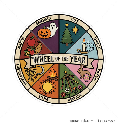 Different seasonal festivals are represented in a circular design. Each section shows a symbol for a specific festival such as pumpkin sun and flowers. 134537092