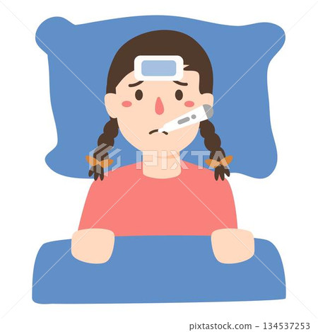 Sick Girl with fever illustration Sick Girl with fever illustration 134537253