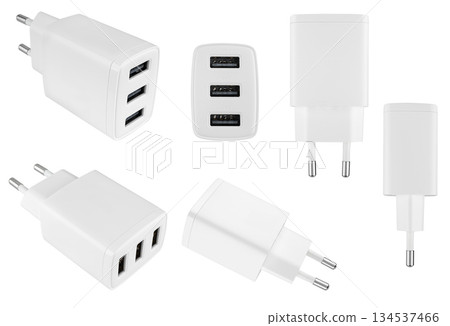Power adapter for phone or tablet, on white background in insulation 134537466