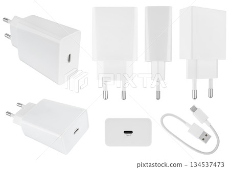 Power adapter for phone or tablet, on white background in insulation 134537473