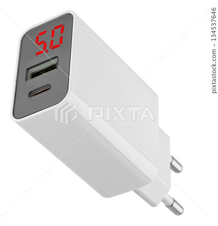 power adapter for phone, white color, on white background in insulation 134537646
