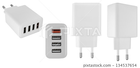 power adapter for phone, white color, on white background in insulation 134537654