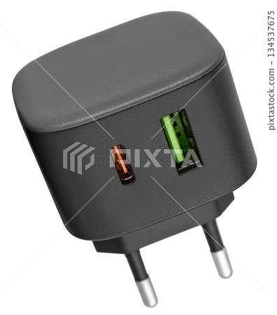 power adapter for phone, black color, on white background in insulation power adapter for phone, black color, on white background in insulation 134537675