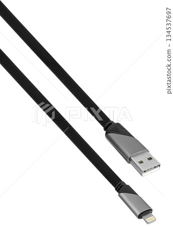cable with Lightning and USB connector, on white background in insulation 134537697
