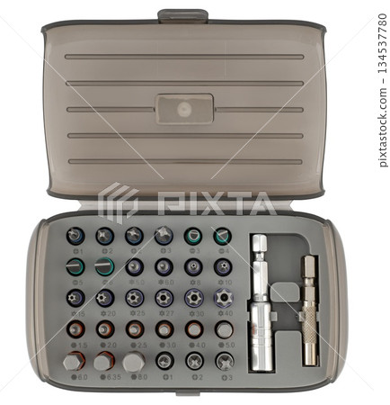 case with bit set for electric screwdriver, on white background in insulation case with bit set for electric screwdriver, on white background in insulation 134537780