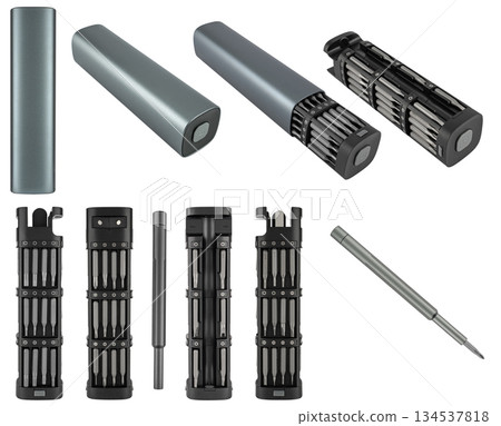 set of tools and screwdriver bits on white background in insulation 134537818