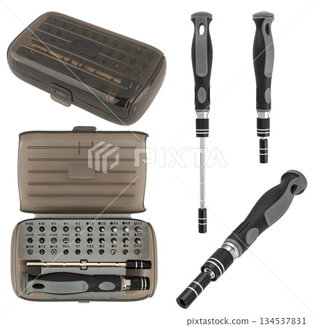 set of tools and screwdriver bits on white background in insulation 134537831