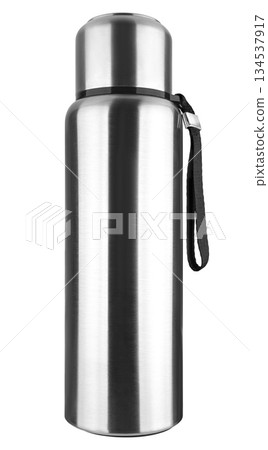 Metal thermos for hot and cold drinks, on white background in insulation Metal thermos for hot and cold drinks, on white background in insulation 134537917