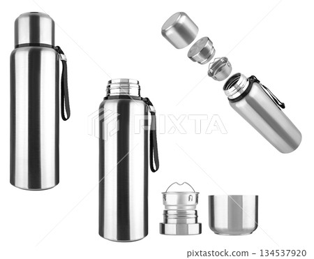 Metal thermos for hot and cold drinks, on white background in insulation Metal thermos for hot and cold drinks, on white background in insulation 134537920