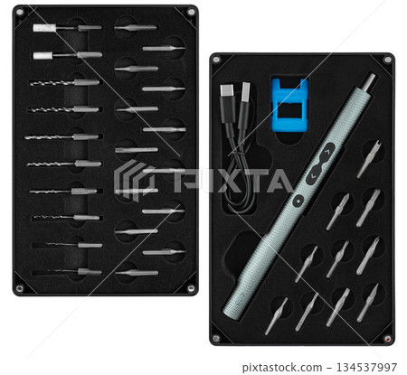 Cordless electric screwdriver with bit set, insulated on white background Cordless electric screwdriver with bit set, insulated on white background 134537997