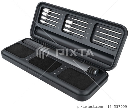 Cordless electric grinder, with set of accessories, on white background in insulation 134537999