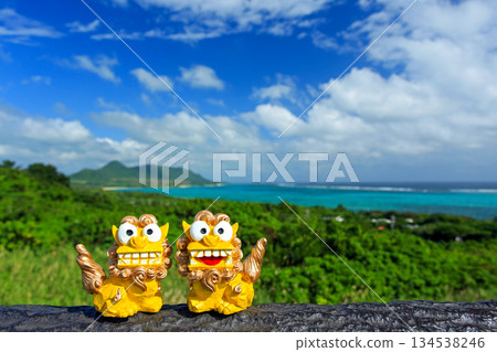 Okinawa's blue sea and shisa 134538246