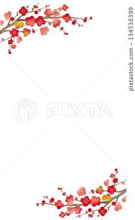 Watercolor plum blossom and branch Japanese style frame background material 134538399