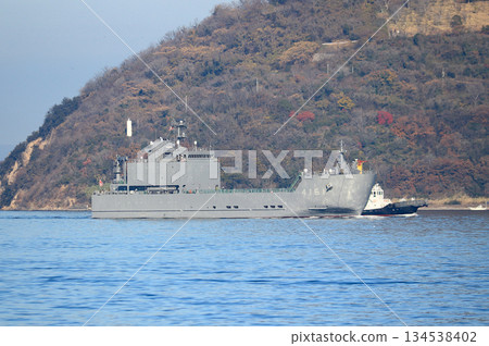 A transport ship sailing among autumn leaves 134538402