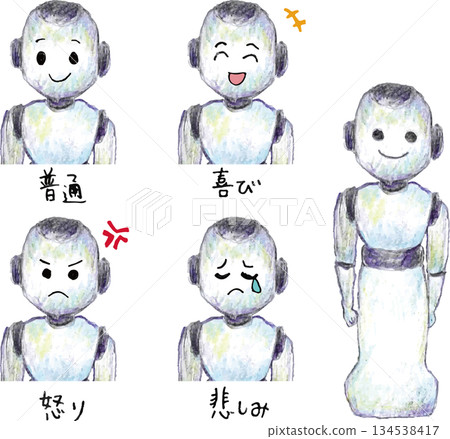 Stock Illustration: Illustration set of chatbot AI with various facial expressions 134538417