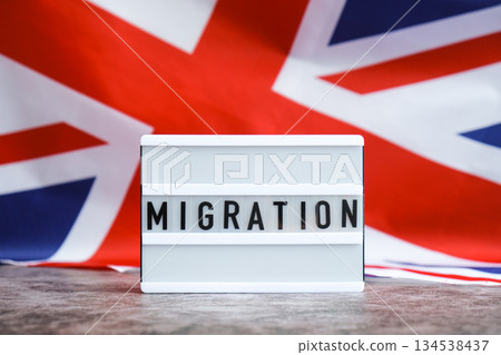 Lightbox with text MIGRATION flow. National symbol of Great Britain. British wave the UK silky flag background. Human migration crisis and population refugee movement. Demographic change  134538437