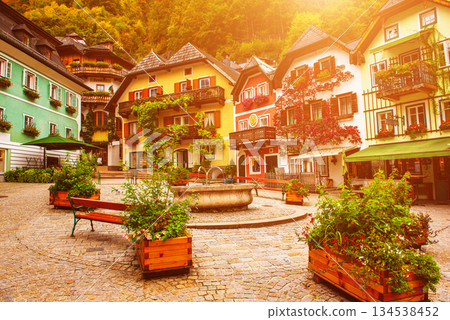 Hallstatt, Austria. The center square of Hallstatt, known as Marktplatz, at autumn Hallstatt, Austria. The center square of Hallstatt, known as Marktplatz, at autumn 134538452