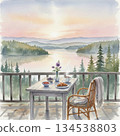 Breakfast setup on a wooden table overlooking a tranquil lake, framed by evergreen trees. A steaming cup of coffee, a croissant, and bowls of berries adorn the table, along with a small vase of purple 134538803