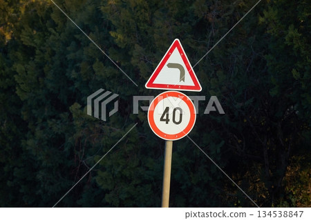 Speed limit sign in a residential street 134538847